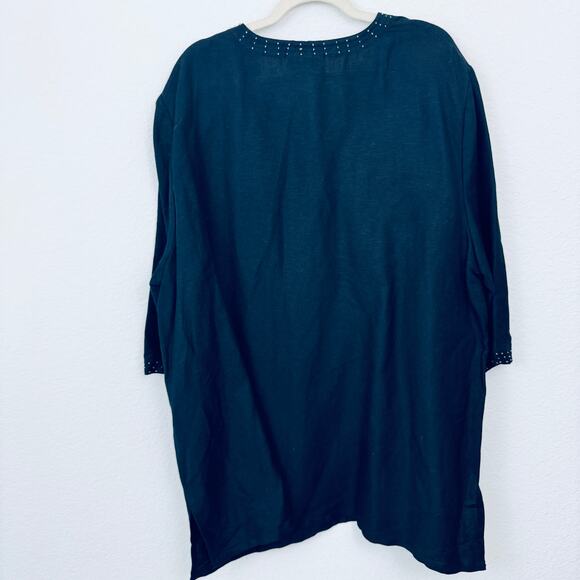 Maggie Barnes Womens V Neck Top Shirt Size 3X Embroider Beaded Linen Blend Black - Picture 5 of 6